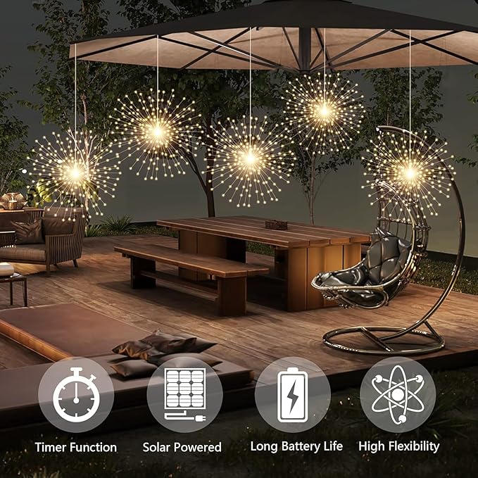 3 Pack 600 LED Solar Starburst Sphere Lights Remote Control,LED Firework Light 8 Modes Dimmable Waterproof Hanging Fairy Light, Copper Wire Lights for Patio Parties Christmas (Warm White)