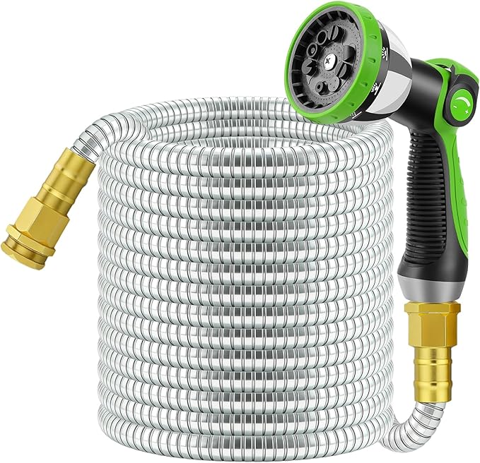50 FT Stainless Steel Garden Hose with 10-Function Spray Nozzle, Kink-Free Flexible Metal Water Hose, Solid Brass 3/4'' Connectors, Heavy Duty, Durable, Leak-Proof, Lightweight, Tangle-Free