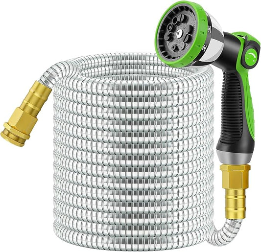 50 FT Stainless Steel Garden Hose with 10-Function Spray Nozzle, Kink-Free Flexible Metal Water Hose, Solid Brass 3/4'' Connectors, Heavy Duty, Durable, Leak-Proof, Lightweight, Tangle-Free