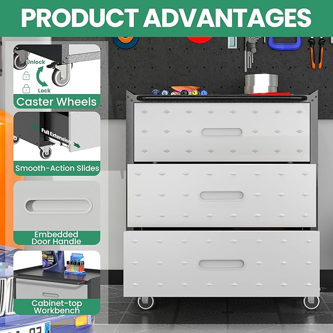 Garage Cabinets,Metal Garage Storage Cabinet with Wheels,Lockable Rolling Tool Cabinet with Drawer and Adjustable Shelves,Heavy Duty Tools Cabinet for Home Office Utility Room,Black/Grey