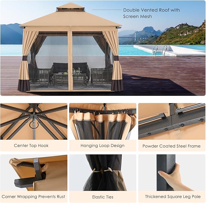 MASTERCANOPY 10x10FT Outdoor Patio Gazebo with Double Roofs, Mosquito Netting and Privacy Screens for Backyard, Garden, Lawn, Beige