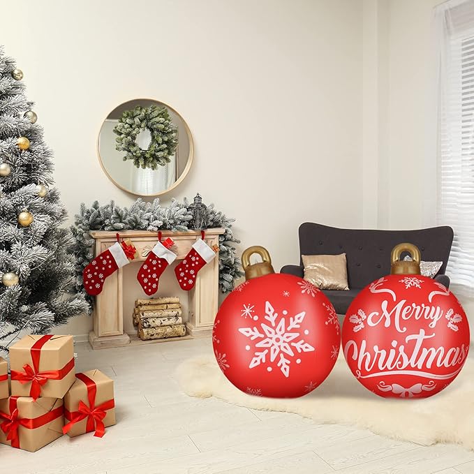 Jetec 4 Pcs Giant Inflatable Christmas Ball Large Xmas Inflatable Ornaments PVC Outdoor Holiday Blow Ball Outside Yard Lawn Porch Decorations (Cute,Mixed Red Green)