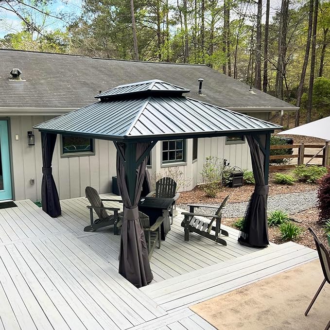 Domi 10' x 12' Hardtop Gazebo Permanent Metal Gazebo with Galvanized Steel Double Roof, Curtains and Netting for Patio, Backyard, Deck, Lawn, Gray