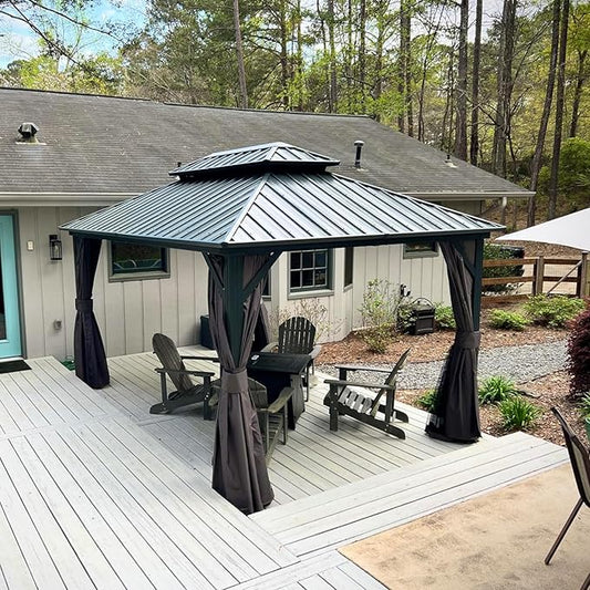 Domi 10' x 12' Hardtop Gazebo Permanent Metal Gazebo with Galvanized Steel Double Roof, Curtains and Netting for Patio, Backyard, Deck, Lawn, Gray