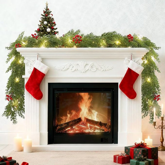 6FT Pre-lit Christmas Cedar Garland Realistic Christmas Garlands Snowflake Lights, Artificial Green Pine Greenery Cypress Garland Decorations Indoor Outdoor Holiday Winter Xmas Decor