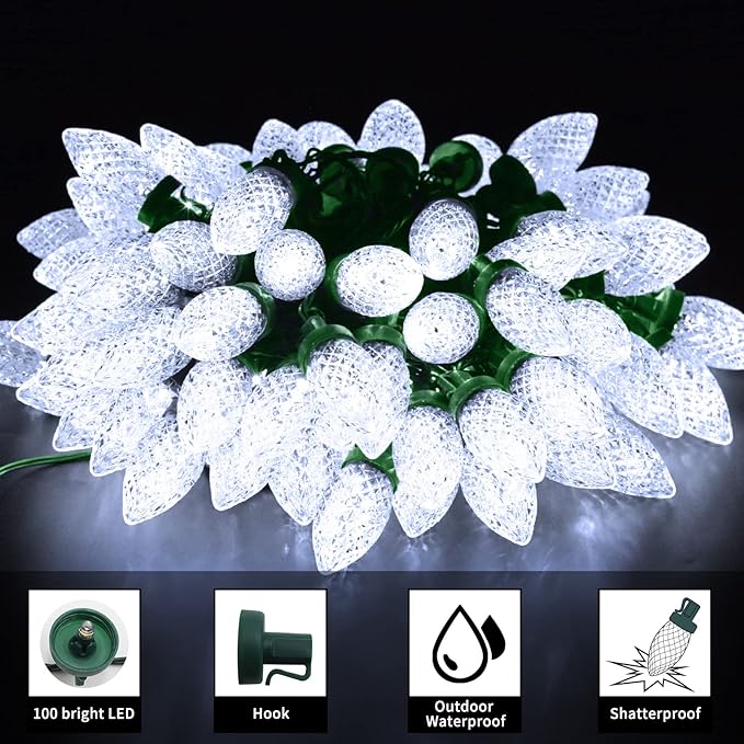 ZAIYW C9 Christmas String Lights 66ft 100 LED Strawberry Lights UL Plug C9 String Lights Green Wire Waterproof for Outdoor Roof Eaves Garden Yard Xmas Decor (Cool White)