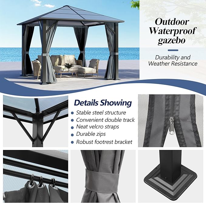 GARTOO 9.5'x9.5' Outdoor Hardtop Gazebo, Patio Gazebo with Translucent Roof, Polycarbonate Top Metal Frame Garden Tent with Breathable Mesh and Privacy Curtains for Patio Lawn Garden Backyard, Gray