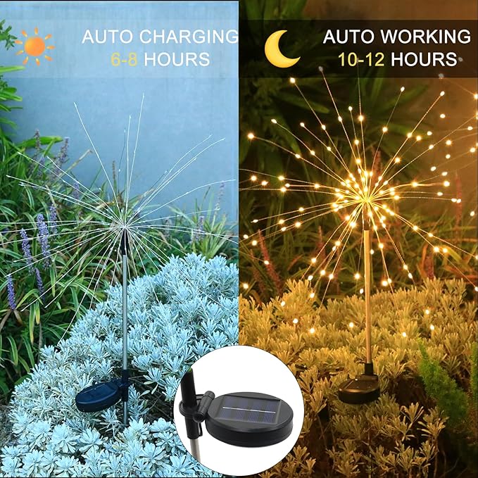 Solar Garden Firework Lights Outdoor Waterproof, 6 Pack Solar Lighting with 8 Lighting Modes, 120 LED Sparklers String Lights for Outside Decor Yard Pathway Decorations(Warm)