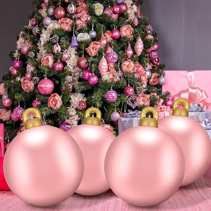 Jetec 4 Pcs Giant Inflatable Christmas Ball Large Xmas Inflatable Ornaments PVC Outdoor Holiday Blow Ball Outside Yard Lawn Porch Decorations (Solid,Pink)