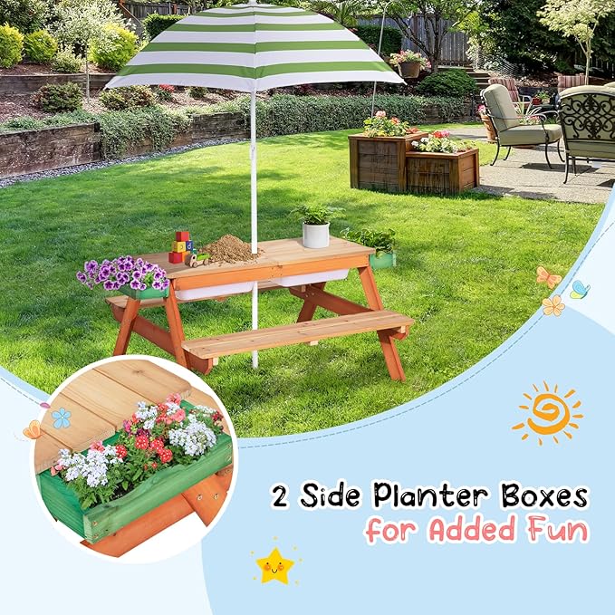 Kids Picnic Table, Outdoor Wooden Table w/Adjustable Umbrella & Garden Bed, 4-in-1 Sand & Water Activity Table w/Built-in Bench & Removable Boxes, Patio, Backyard