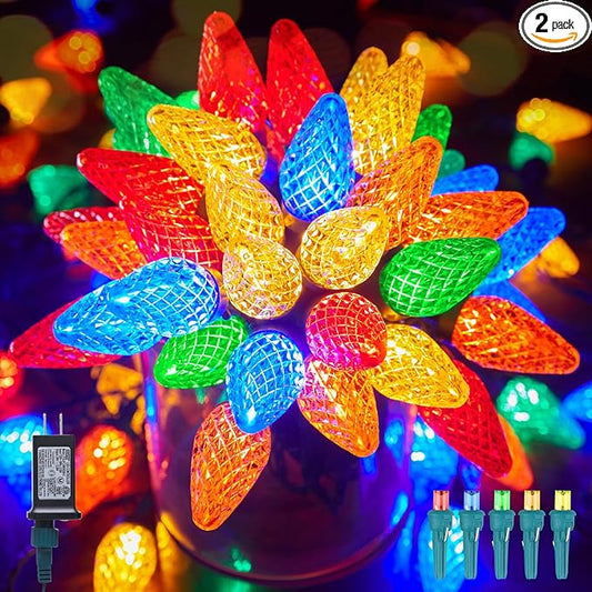 Minetom C9 Christmas Lights Outdoor, 81 Feet 100 LED String Lights with Timer & 8 Light Mode, Waterproof Commercial Grade Christmas Tree Lights for Outside Indoor Roofline Patio, Multicolor 2 Pack