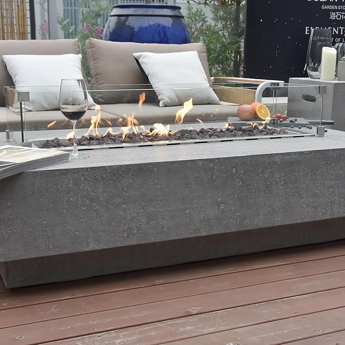 Hampton Fire Table Outdoor Fire Pit 56 x 32 Cast Concrete Firepit Includes Lava Rocks 45,000 BTUs Outdoor Fireplace for Patio Furniture Set, Deck, Porch, Outdoor Heater - Natural Gas