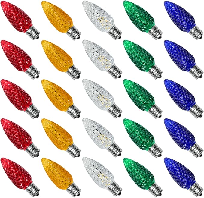 25PACK Multicolor C9 LED Christmas Lights Replacement Bulbs，Shatterproof & Waterproof Plastic C9 Led Bulbs for Outdoor String Lights, E17 Base, 0.6W Equivalent to 7W, 50LM Holiday Decoration