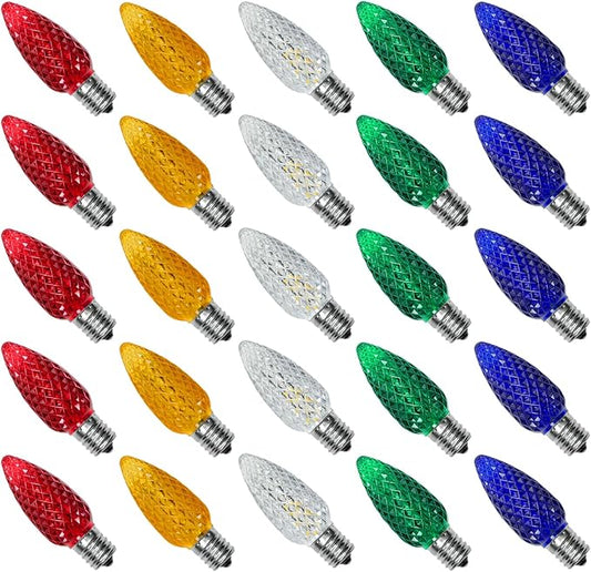 25PACK Multicolor C9 LED Christmas Lights Replacement Bulbs，Shatterproof & Waterproof Plastic C9 Led Bulbs for Outdoor String Lights, E17 Base, 0.6W Equivalent to 7W, 50LM Holiday Decoration