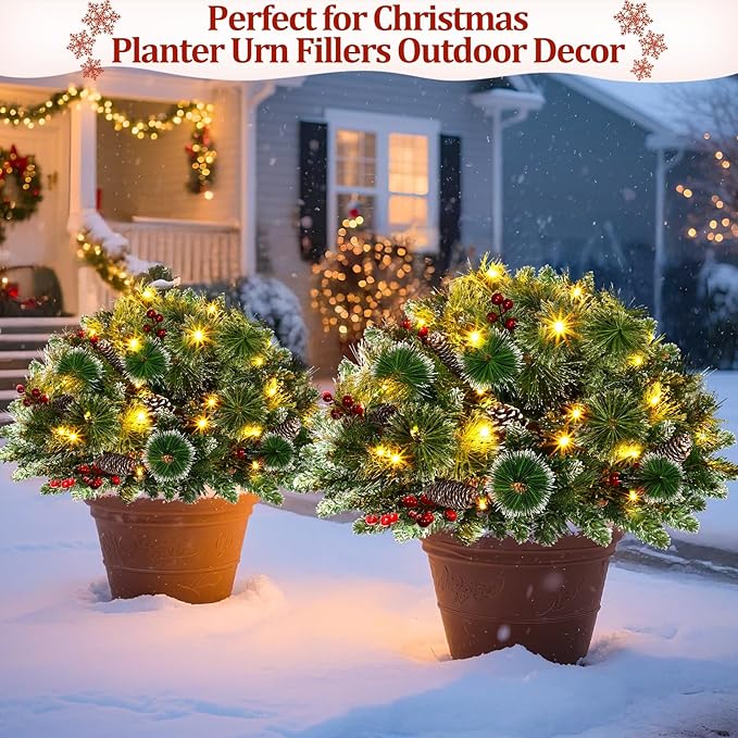 Set of 2 24" Christmas Tree Urn Filler, Prelit 8 Mode Timer 40 LED Lights Xmas Flocked Tree for Porch Driveway Yard