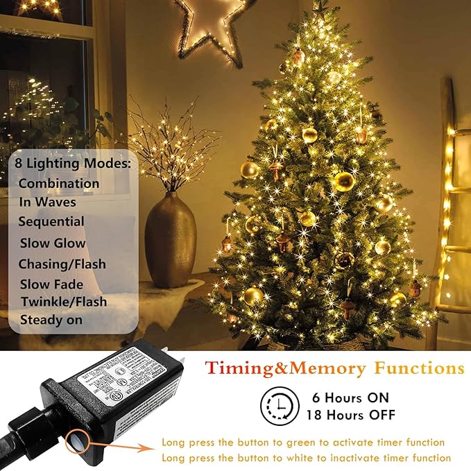 Christmas Tree Lights Indoor Outdoor, 280 LED Christmas String Lights 8.2FT x 8 Lines with 8 Modes & Timer, Waterproof Twinkle Decor Lights Plug in for 8FT Xmas Tree Christmas Decoration (Warm White)