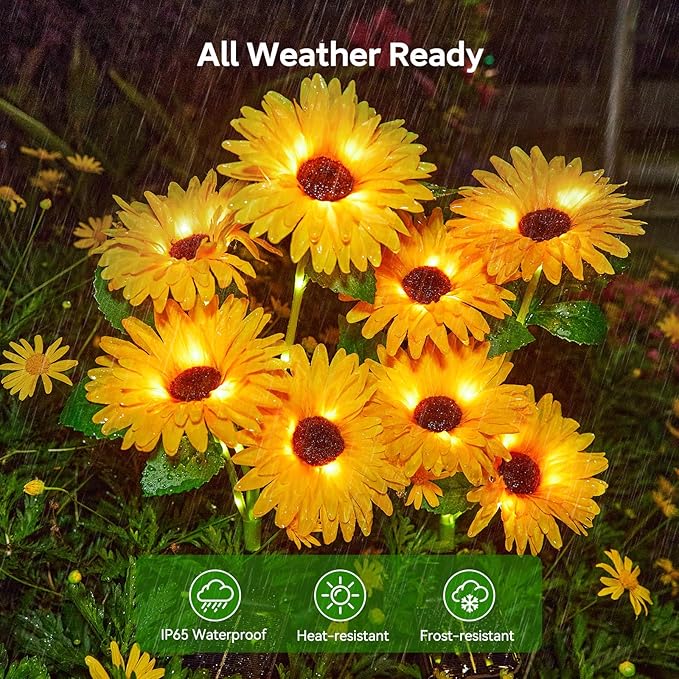 4 Pack Outdoor Solar Garden Lights with 16 Glowing Daisy Flowers & Stems, Waterproof Solar Flowers Lights for Outside Yard Patio Decor