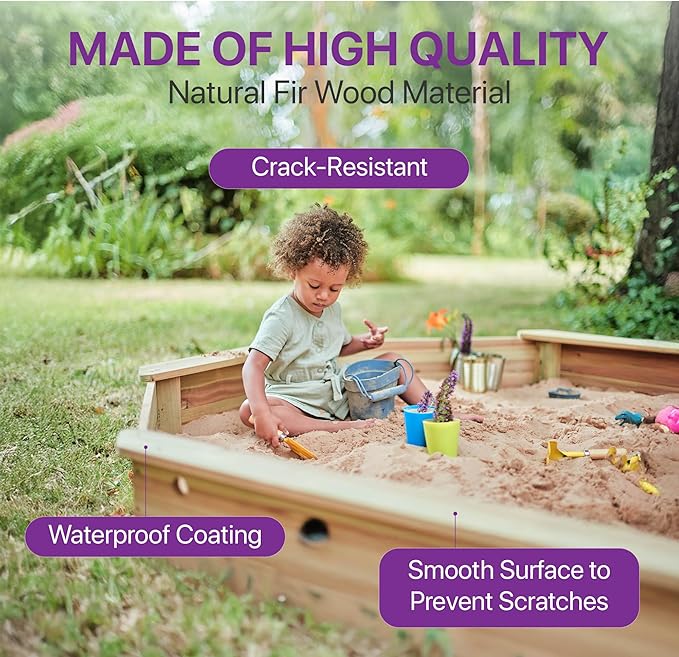 Plum Wooden Large Sandbox with Cover - Outdoor Octagon Sand Box for Kids, Toddler Sensory Toys, Outdoor Wooden Sand Pit with Seat Boards and Bottom Liner, Weatherproof, Easy Assembly, Ages 3+ Years