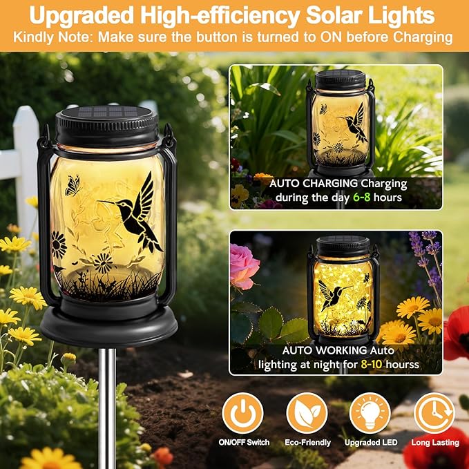 2 Pack Hummingbird Solar Lantern Outdoor Garden Decor, Christmas Birthday Gifts for Women Mom Grandma, Waterproof Hanging Vintage Glass Mason Jar Outside for Yard,Patio, Backyard,Porch,Tree, Pathway