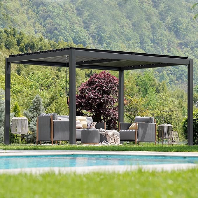 Grand Patio Outdoor 10x13 Aluminum Pergola with Adjustable Louvers and Integrated Drainage System – Outdoor Patio Canopy, Easy Assembly, Carbon