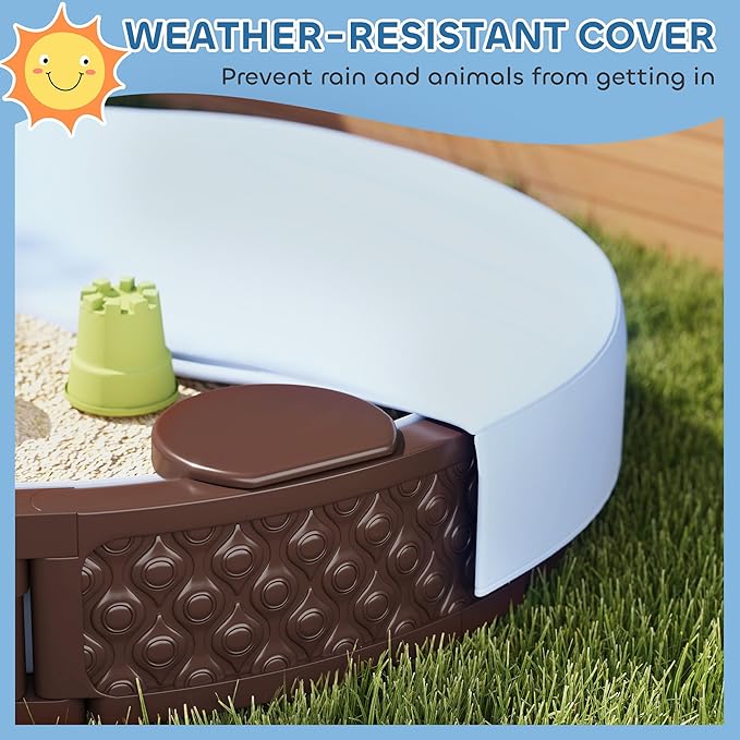 Qaba Kids Sandbox with Cover, Round 47 HDPE Large Sand Pit with 3 Seats, Waterproof Bottom Liner, Weather Resistant Outdoor Sand Box for Backyard, Lawn, Garden, Beach, Patio, Brown