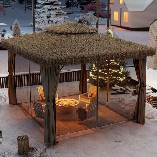 10'x12' Permanent Hardtop Gazebo,Aluminum Frame Gazebo with Curtains and Netting, Outdoor Double Thatched Roof Canopy for Patio,Lawn, Backyard, Deck, Khaki