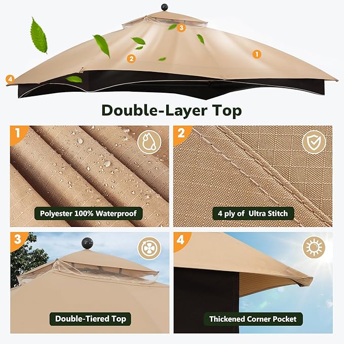 ABCCANOPY Riplock Gazebo Replacement Canopy Top for Lowe's Allen Roth #GF-12S004B-1, Beige