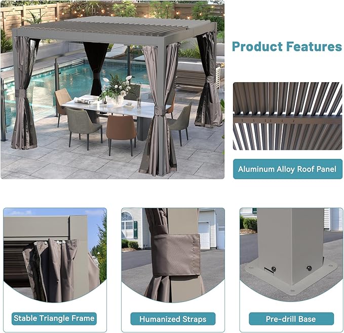 Louvered Pergola 10 x 12 FT, Aluminum Outdoor Pergola with Independent Adjustable Rainproof Top, Built-in Gutter System, Hardtop Patio Metal Pergolas for Deck Garden Backyard -Grey
