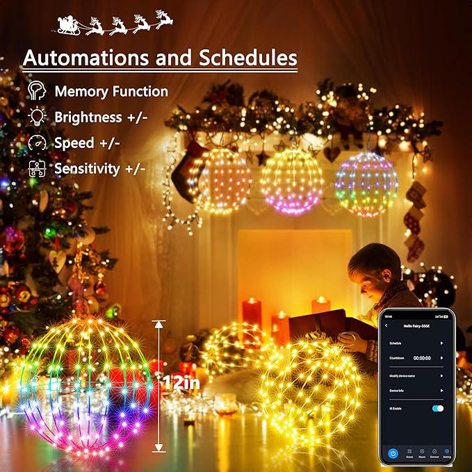 Joomer Smart RGB Christmas Hanging Ball Lights, 12in 108 LED Foldable Color Changing Xmas Light, App and Remote Control, Waterproof Outdoor Fairy Globe Lights for Christmas Decor (Non-Connectable)