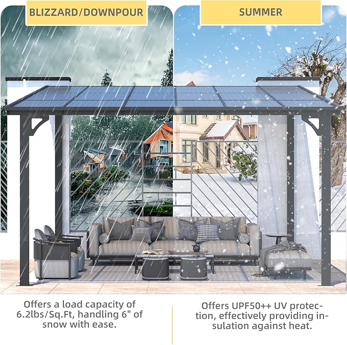 U-MAX Outdoor Pergola 12' x 12' Gazebo, Large Wall-Mounted Lean to Metal Awnings for Patio, Large Panel Roof Gazebos on Clearance for Outdoor Use