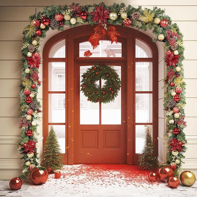 WBHome Pre-lit 6 Feet/72 Inch Christmas Garland, Red & Gold Lighted Garland with 35 LED Lights for Indoor Outdoor Xmas Decor Holiday Decorations, Battery Operated (Batteries NOT Included)