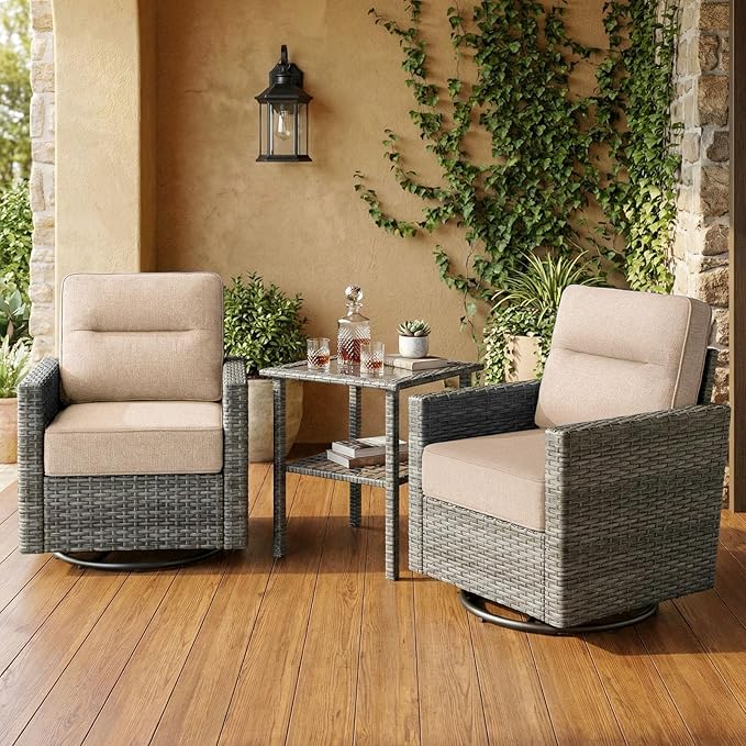 Luxury 3-Piece Patio Furniture Set with 6-Inch Thick Cushions, Outdoor Swivel Rocker Chairs and Table, Wicker Conversation Set for Porch, Deck, Balcony, Yard in Beige