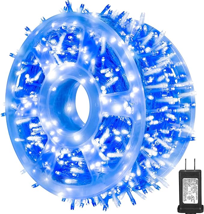 kemooie 500 LED Blue and White Christmas Lights, 164 FT 8 Twinkle Modes Plug in Waterproof Extra Long Fairy Lights for Outdoor Christmas Party Garden Decorations (Blue & White)