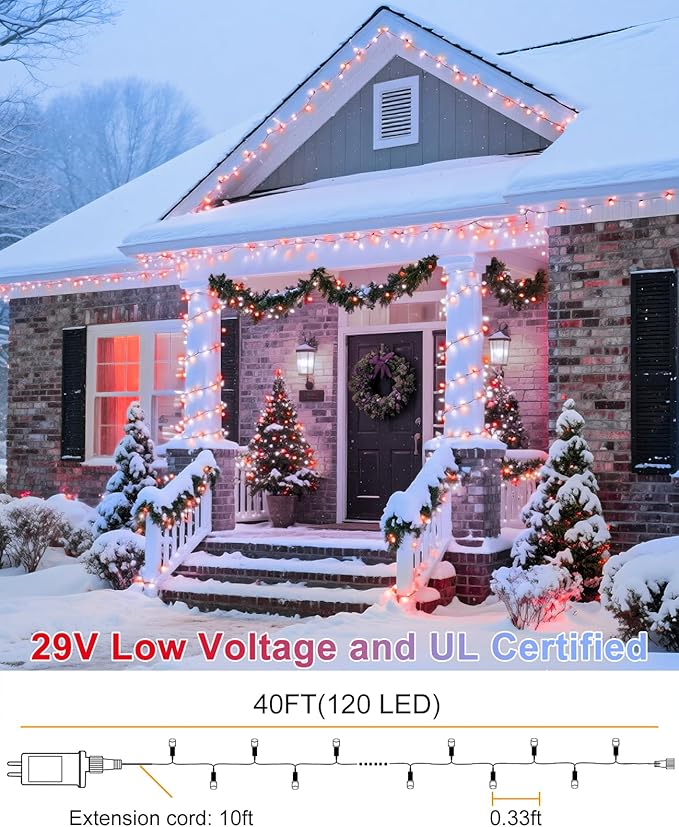 40FT 120 LED Christmas Lights Outdoor, Red White Christmas String Lights Waterproof, 8 Modes & Timer, Connectable Christmas Tree Lights for Indoor House Patio Xmas Holiday Decorations