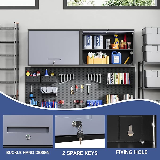 Metal Wall Cabinet with Locking Door and Shelf, Hanging Garage Cabinets with Up-Flip Doors for Garage, Warehouse, Home, Office, Assembly Required (Black Grey, One Cabinet)