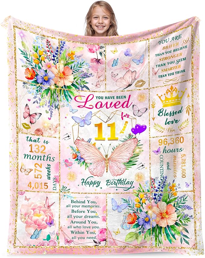 11 Year Old Girl Birthday Gifts, Gift for 11 Year Old Girl, Super Soft Cool Funny Pink Butterfly Flower Blanket for Girls, 11th Birthday Decorations for Girls, Warm Cozy Plush Fuzzy Blanket 50"x40"