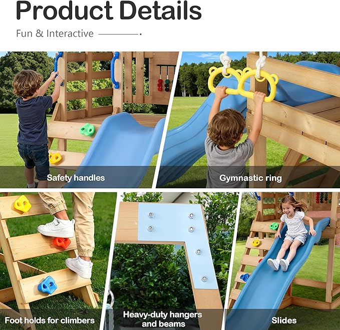 Spruce Wood Swing Set with Wave Slide, Belt Swings, Play Deck, Rock Wall Ladder, Pull up Rings and Puzzle Chess Board, Canopy Roof Outdoor Playset for Backyard