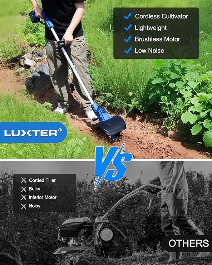 LUXTER 20V Cordless Tiller for Gardening 8.6 Inch Electric Garden Cultivator with 48 Steel Tines Lightweight Cultivators 2¡¿4.0AH Batteries & Fast Charger for Smooth Ground Breaking,Tending,Composting