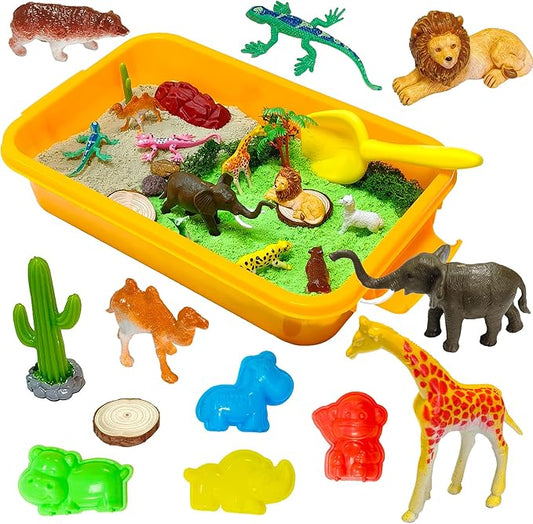 Jungle Sensory bin,Safari Animal Figures Playset Toys,Wild Forest Sandbox,Desert Animals Play Sand Set with Sensory Sand,Zoo Animal Figurines,Jungle Adventure Play Kit for Kids 3 4 5 6 7