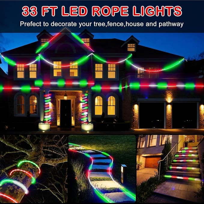 Christmas Rope Lights Outdoor, 33Ft 400 LED Red White Green String Light, Waterproof Tube Light Plug in 8 Modes Timer Memory, Permanent Christmas Lights for Tree Fence Garden Party Decorations