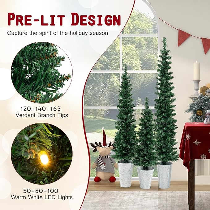 GOFLAME Set of 3 Pre-Lit Potted Christmas Trees, Artificial Pencil Christmas Tree Set 3Ft, 4Ft and 5Ft with Warm White LED Lights, Timer, Holiday Decoration Tree for Home Party