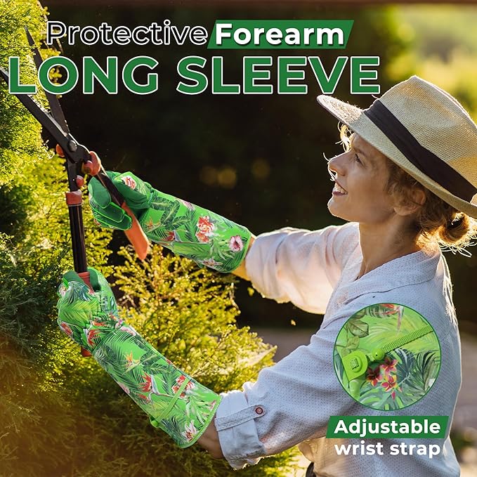 HANDLANDY Women Gardening Gloves, Scratch Resistant Breathable Ladies Rose Pruning Long Gauntlet Floral Print Garden Yard Gloves, Gift for Gardeners (Green, M)