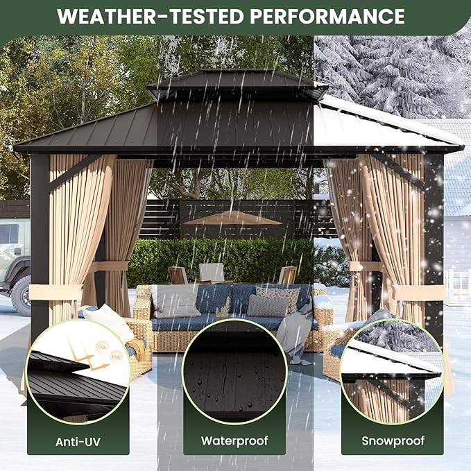 10’x12’ Hardtop Gazebo, Galvanized Steel Double Roof Canopy with Aluminum Frame, Outdoor Pavilion with Nettings and Curtains