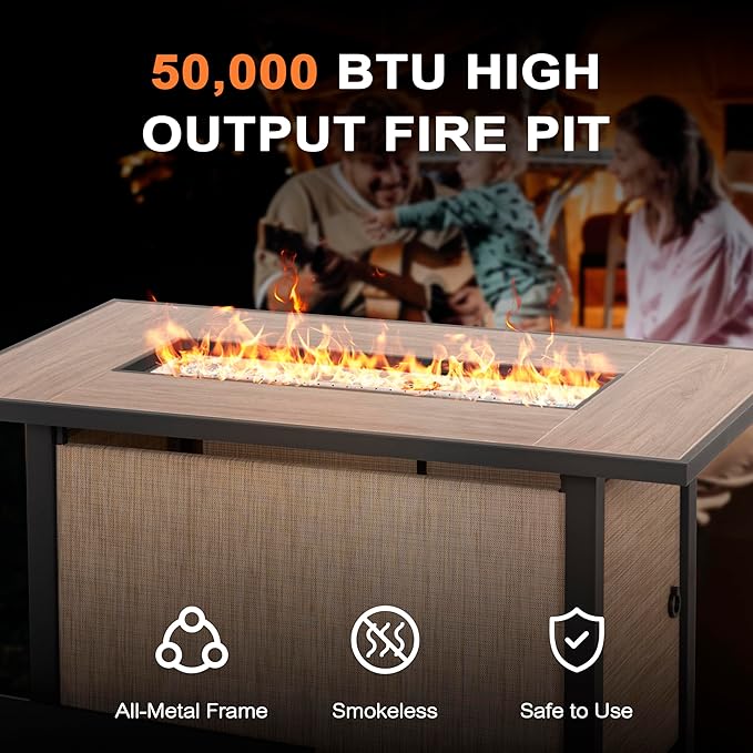 Nuu Garden 43 Propane Fire Pit Table, CSA-Listed Outdoor 50,000 BTU Gas with Lid and Glass Beads, 2-in-1 Rectangular for Outside Backyard Patio, Light Brown