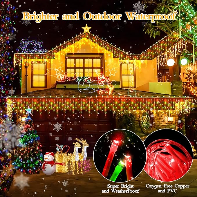 98FT 960 LED Christmas Lights , Waterproof 8 Modes Ice Lights for Outside with Memory and Timer Hanging Fairy Lights Plug-in Curtain String Lights for Holiday Party Wedding Home (Red and Green)