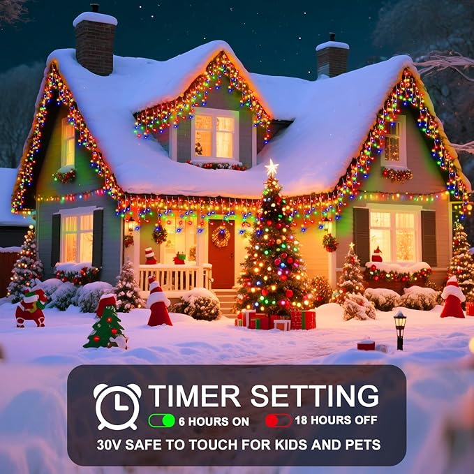 98 Ft Ice Lights for Outside, 1216 LED Christmas Lights Outdoor Plug in, Christmas String Lights with 8 Modes & Timer for Holiday, Party, Wedding, House, Patio, Outdoor Decor(Cool White)