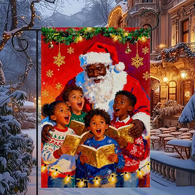 Merry Christmas African American Black Santa Garden Flag 12x18 Inch Double Sided Santa with Children Choir Red Snowflake Holiday Flags Outdoor Winter Yard Banner Welcome Flag Decor