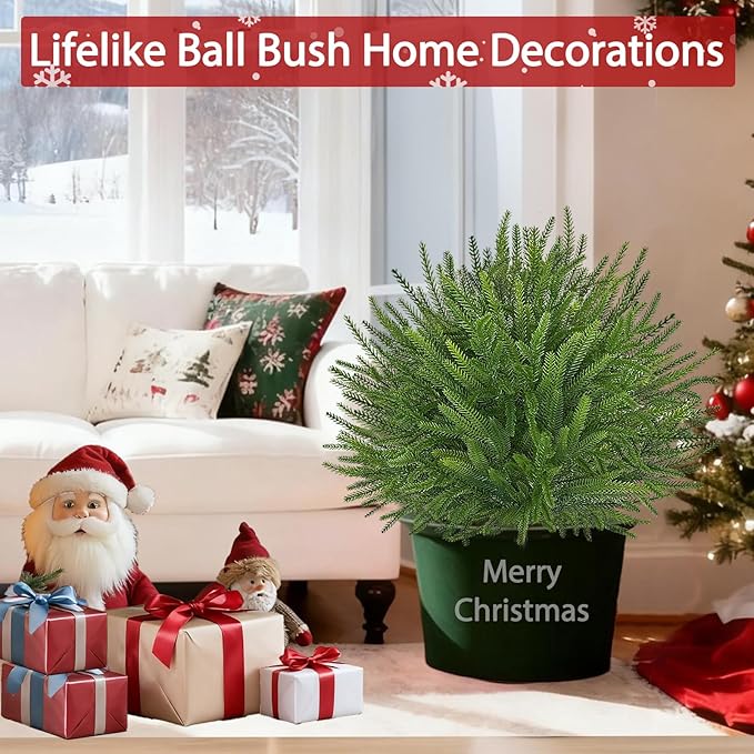 2 Pack 24'' Artificial Norfolk Christmas Topiary Ball Trees, Realistic Norfolk Pine Topiary with Spike Fake Ball Shrubs Plants Christmas Pot Fillers Outdoor Front Porch Door Garden Yard Decorations