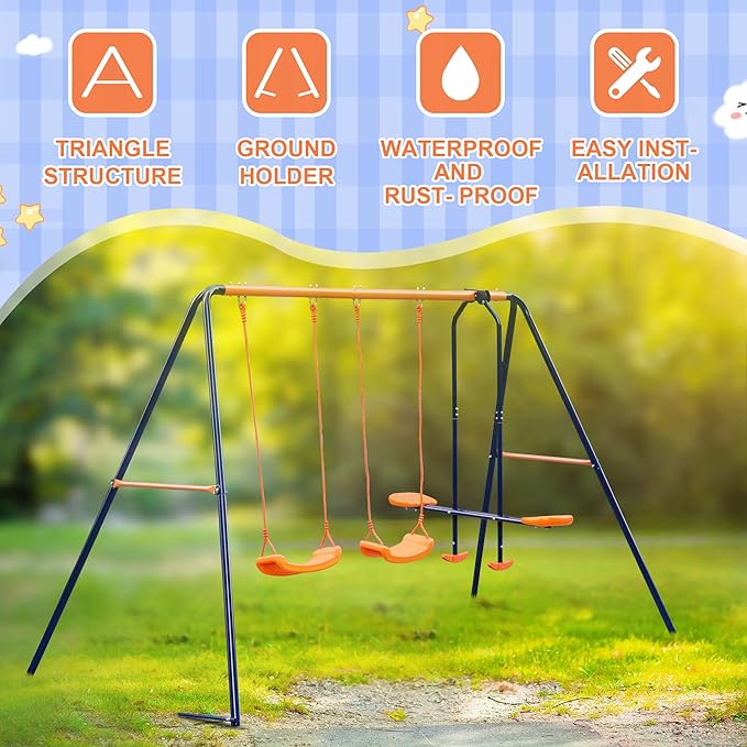 Outdoor Swing Sets for Backyard, 440lbs Load Capacity Swing Stand with 2 Seats and 1 Glider, Heavy Duty A-Frame Metal Outdoor Swing Set for Kids