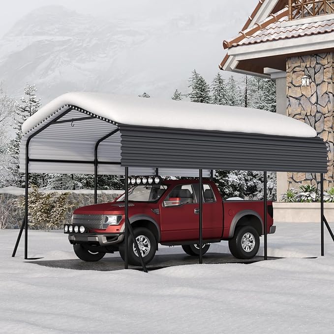 Metal Carport, 10x15 FT Outdoor Carport Canopy with Reinforced Base and Galvanized Steel Roof, Heavy Duty Garage Car Shelter Shade for SUV, Truck, Boats